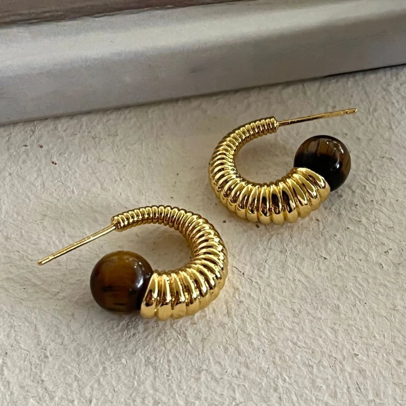 VAIGE Vintage Geometric Hoop Earrings with Rich Brown Stone