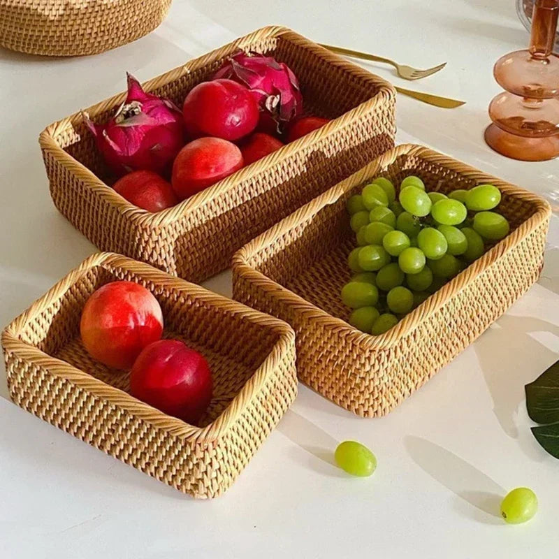 VAIGE Handwoven Rectangular Wicker Basket for Fruits, Snacks, and Cosmetics - Eco-Friendly Rattan Storage Solution for Kitchen and Home Organization