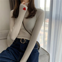 VAIGE Heart Embroidery Turtleneck Knitted Sweater - Ribbed Pullover for Autumn and Winter