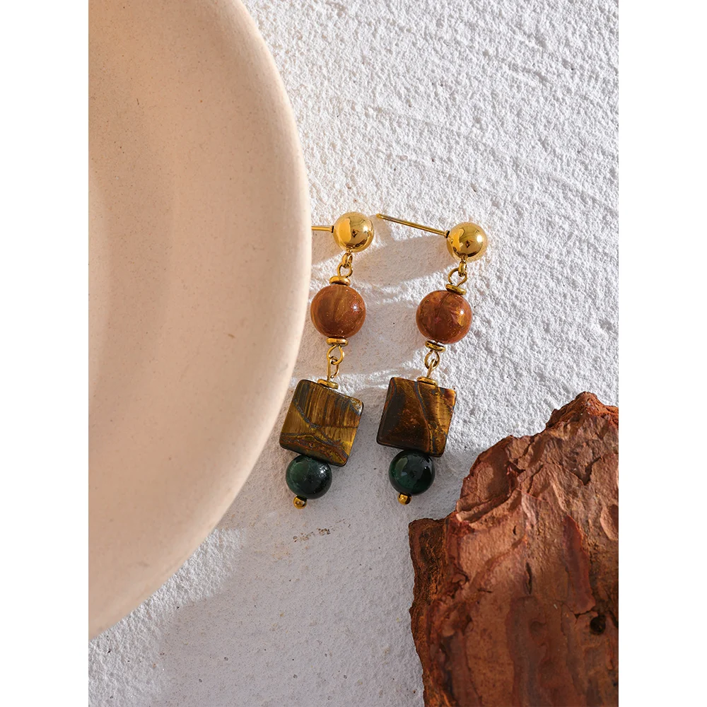 Gold Natural Stone Tiger Beads Dangle Stainless Steel Earrings