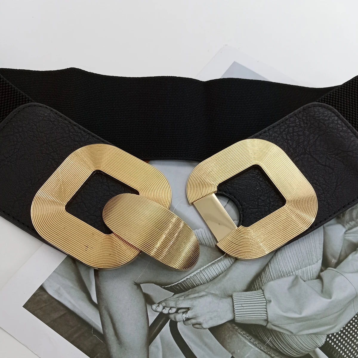 VAIGE Elegant Black Corset Belt with Double Gold Square Buckles