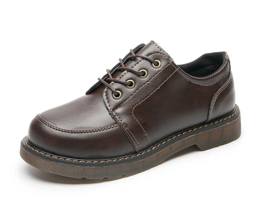 VAIGE Retro Brown Leather Oxfords for Women - Comfortable Round Toe Footwear with Lace-Up Closure and Low Square Heel