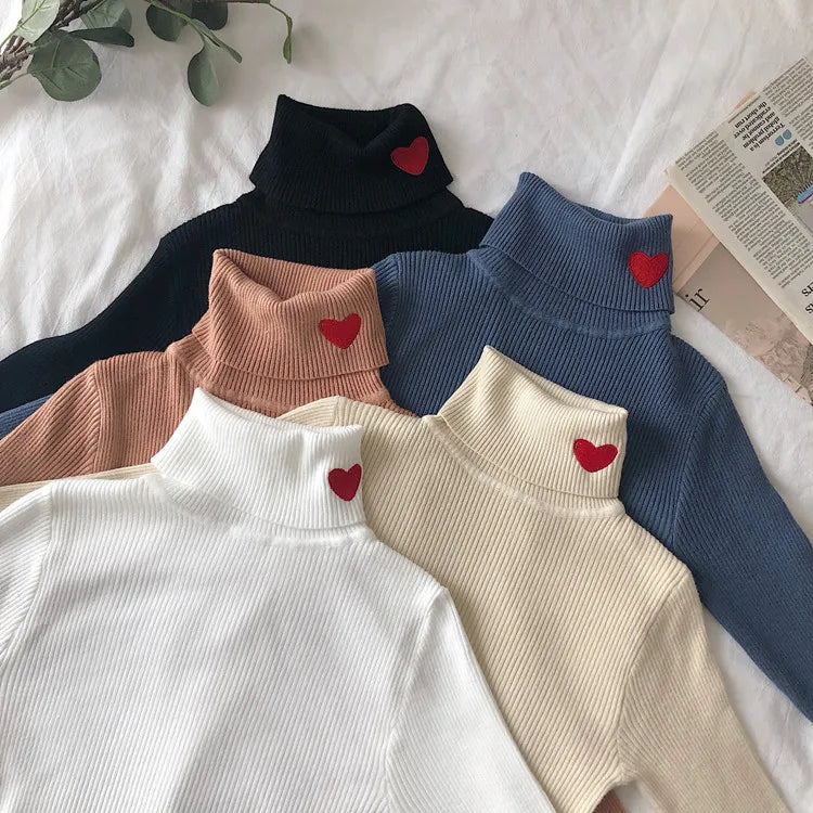 VAIGE Heart Embroidery Turtleneck Knitted Sweater - Ribbed Pullover for Autumn and Winter