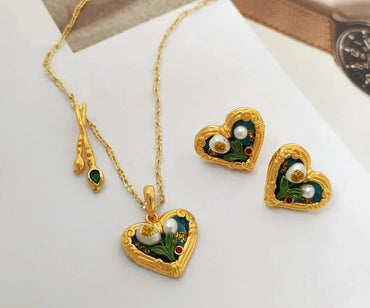 VAIGE Vintage Gold Heart Floral Stud Earrings & Pendant Necklace Set