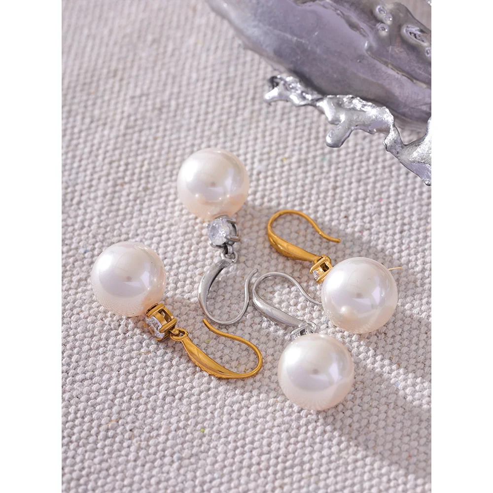Gold + Silver Faux Pearl Zirconia Round Stainless Steel Drop Earrings