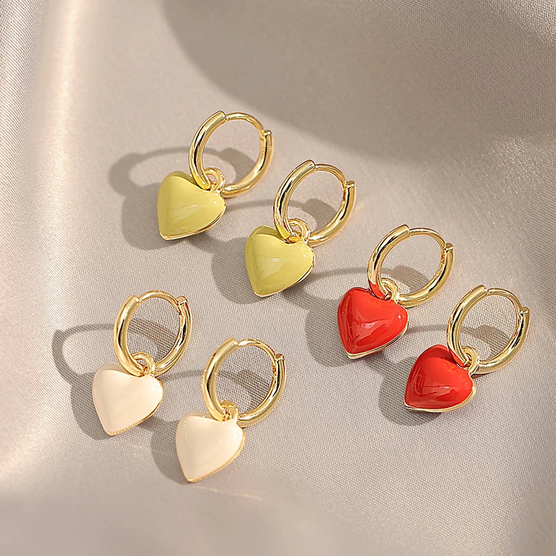 VAIGE French Romantic Double-Sided Enamel Heart Pendant Earrings - Classic Fashion Jewelry for Young Girls