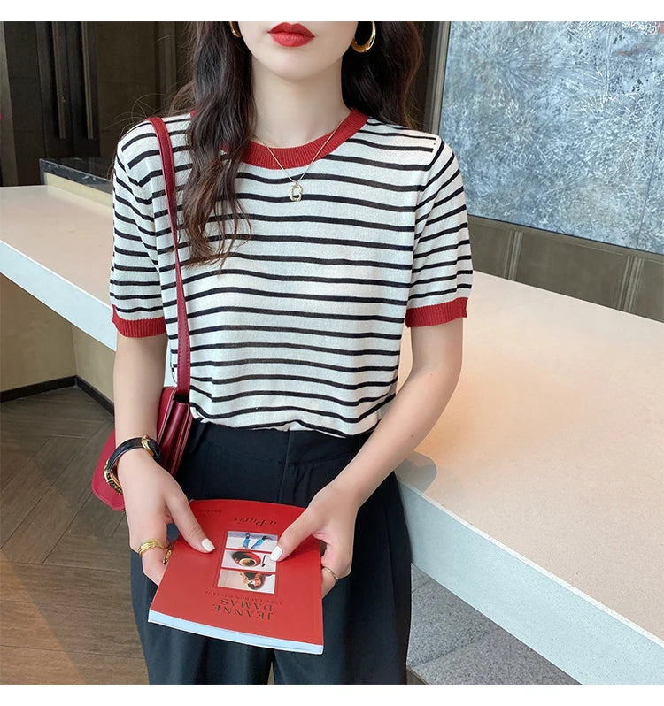 VAIGE Striped Knitted Round Collar Summer Print Short Sleeve Casual T-Shirt