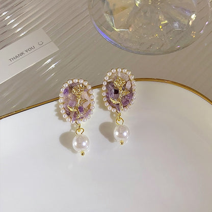 Green Purple Pearl Dangle Gold Flower Earrings