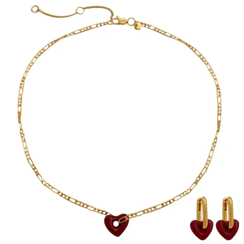 VAIGE Charming Ruby Heart Jewelry Set - Elegant Vintage Style Earrings and Necklace