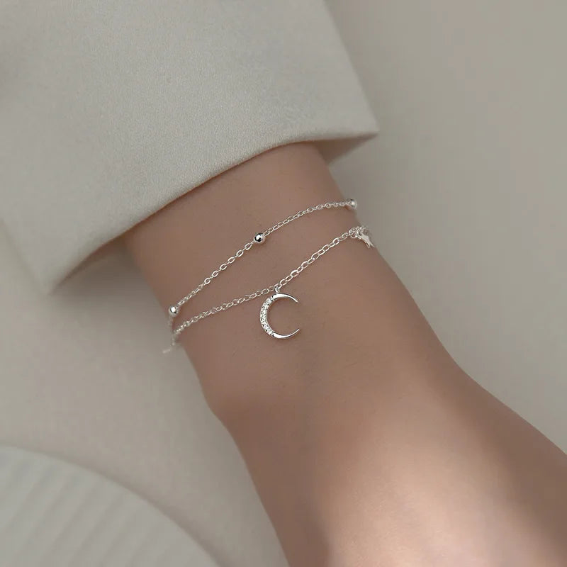 VAIGE 925 Sterling Silver Geometric Double Layer Star Moon Charm Bracelet - Customizable Gift for Special Occasions