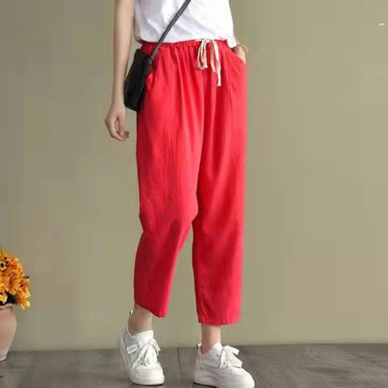 VAIGE Casual Ankle-Length Cotton Linen Pants with Lace-up Waist, Available in Solid Colors and Multiple Sizes