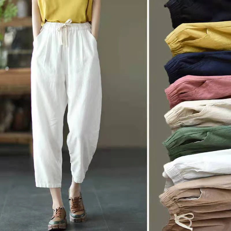 VAIGE Casual Ankle-Length Cotton Linen Pants with Lace-up Waist, Available in Solid Colors and Multiple Sizes