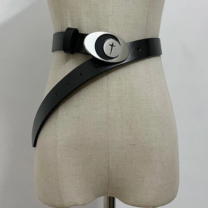 VAIGE Elegant Crescent Moon & Star Leather Belt in Black