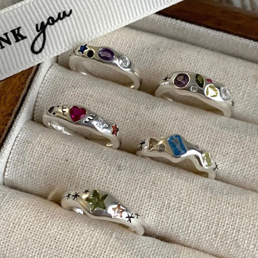 925 Sterling Silver Colorful Heart Stone Rings
