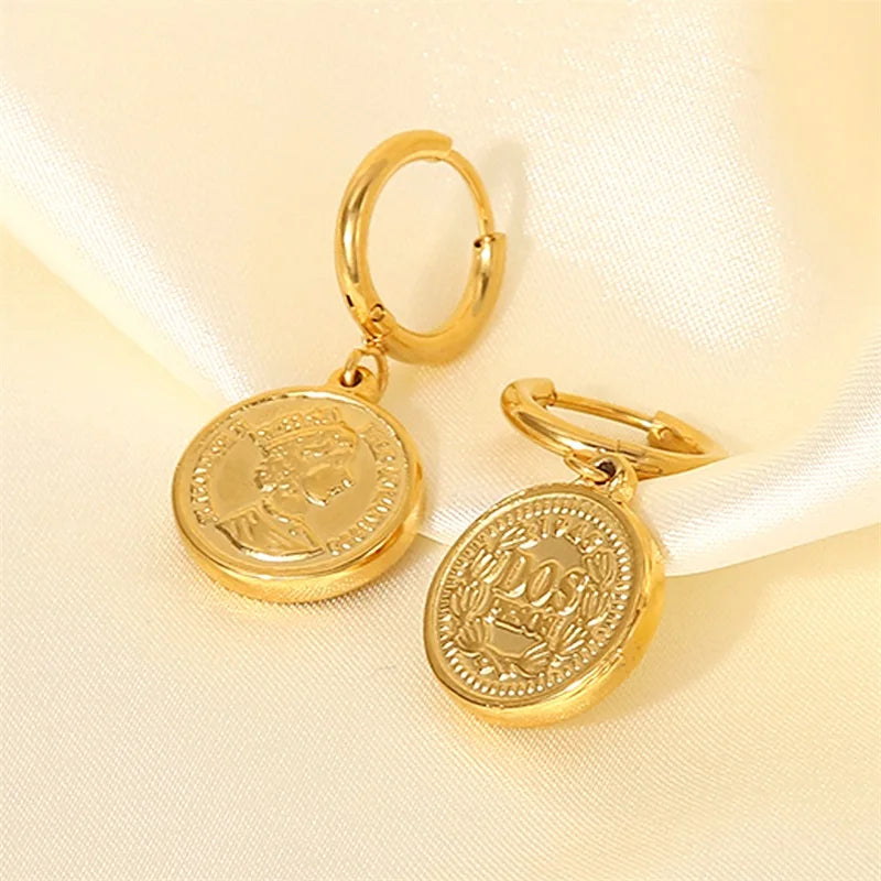 VAIGE Elegant Double-Sided Coin Earrings featuring Queen Elizabeth in Silver and Gold