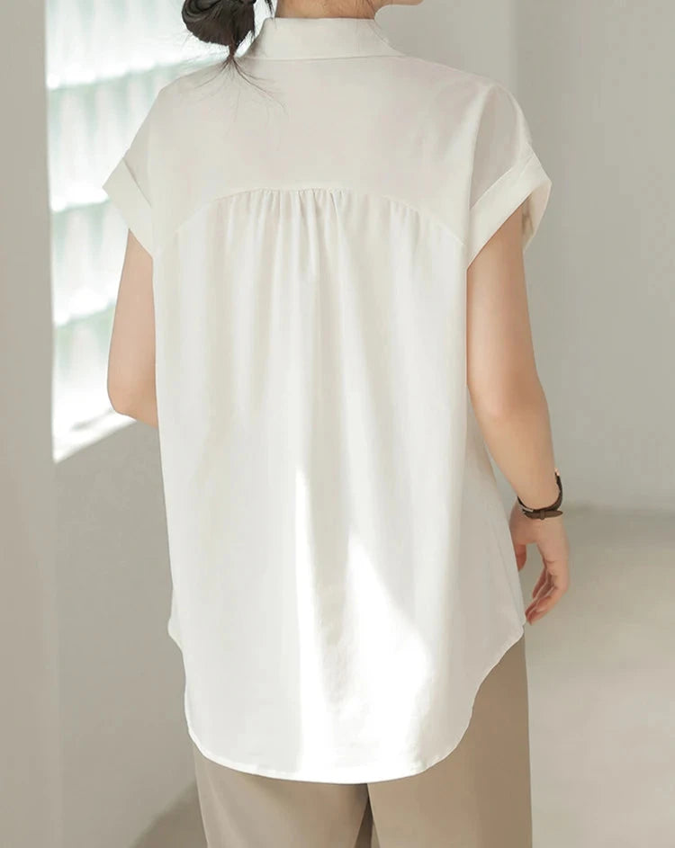 VAIGE Summer White Blouse with Flying Sleeves and Turn-Down Collar, Single-Breasted Button-Up, Casual Style, Polyester Material, Regular Fit