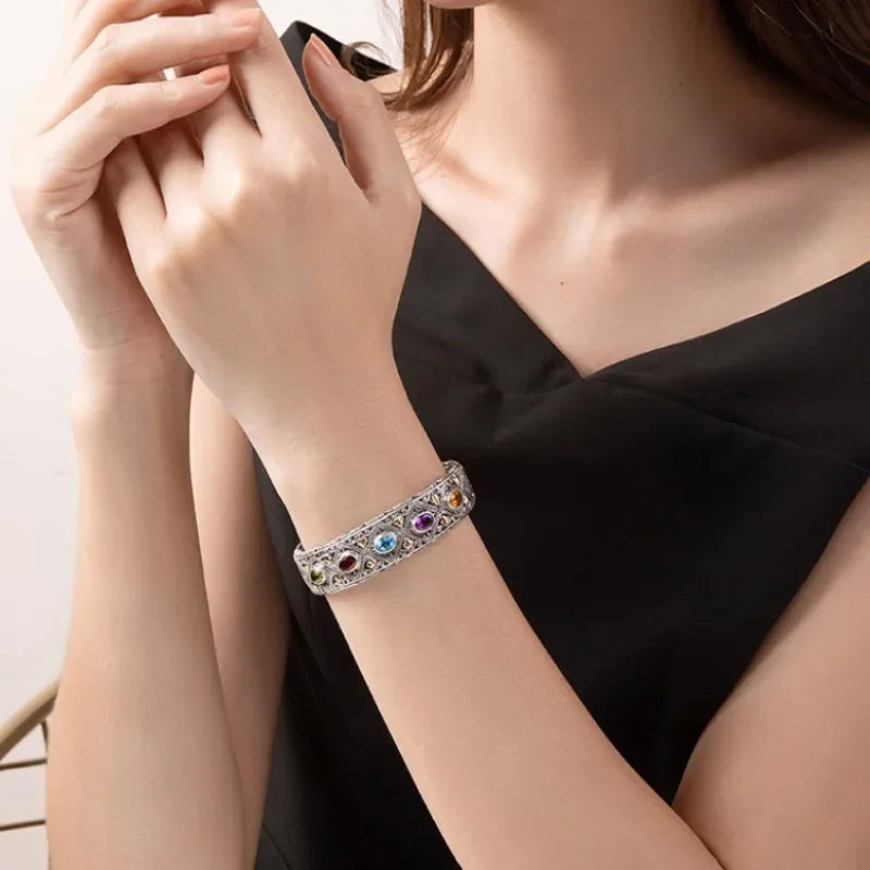 VAIGE Elegant Vintage-Inspired 925 Sterling Silver & Colored Gemstone Cuff Bracelet - Stunning Zircon Accent