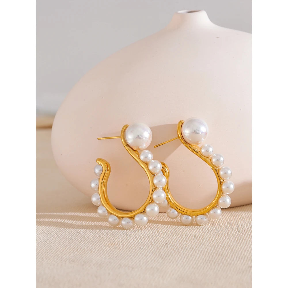 Golden Hook Pearls Stainless Steel Earrings