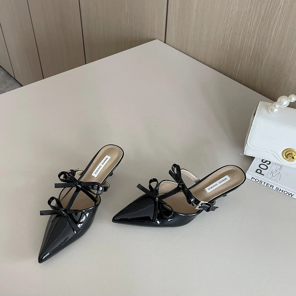 VAIGE Casual Slip-On Mules with Pointed Toe, Bow Design, Patent Leather Upper, Low Thin Heels, Available in Black, White, Pink, Sizes 35-39