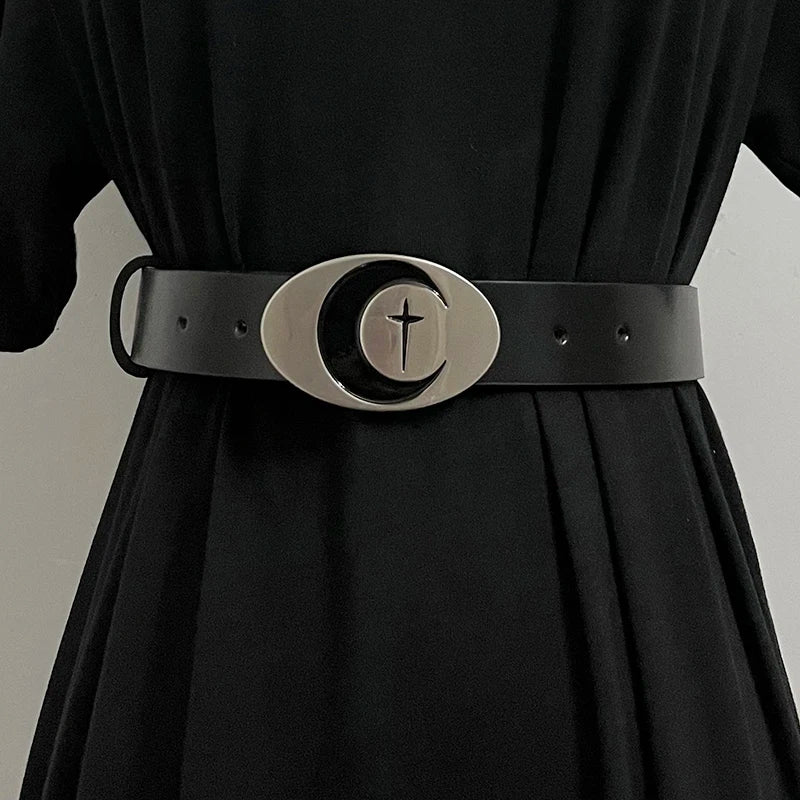 VAIGE Elegant Crescent Moon & Star Leather Belt in Black