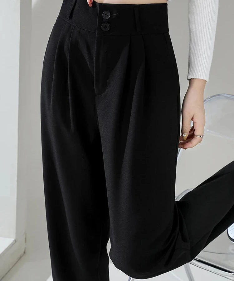 VAIGE High Waist Wide Leg Trousers with Double Buttons, Loose Straight Fit in Coffee, Cotton-Polyester Blend, Full Length