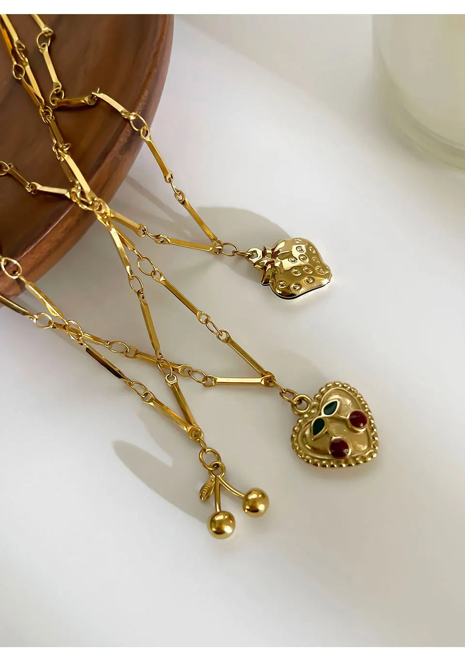 VAIGE Cherry Heart Pendant Necklace Gold Stainless Steel