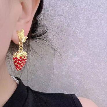 VAIGE Dazzling Red Strawberry Zirconia Gold Plant Drop Earrings