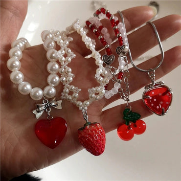 Strawberry Pendant Necklace Choker   Pearl