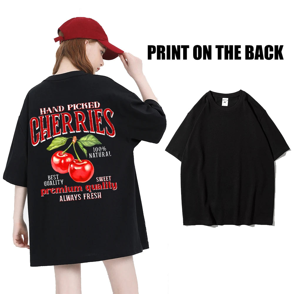 VAIGE Oversized Cherry Print Cotton T-Shirt - Casual Summer Top