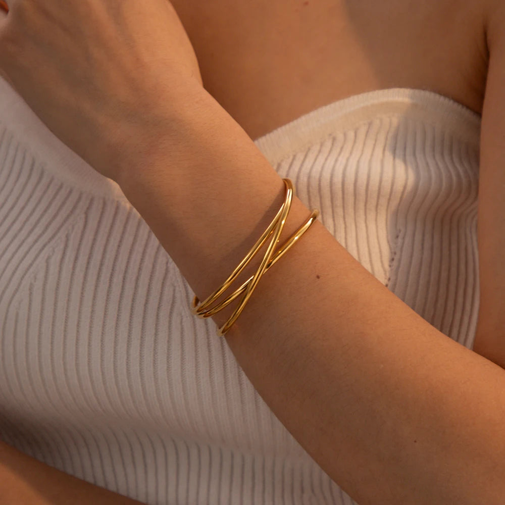 VAIGE Glossy Thin Cuff Bracelet in 18K Gold Plated Stainless Steel with Interlaced Design - Trendy Charm Jewelry Gift