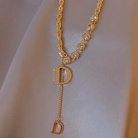 VAIGE D Letter Sparkling Zirconia Pendant Necklace - Elegant Long Design in Silver