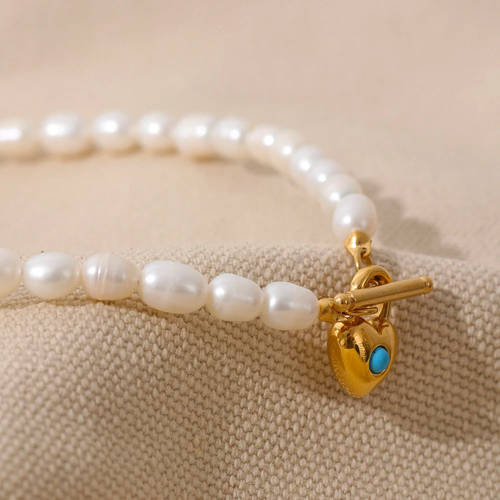 VAIGE Elegant Turquoise Heart Pendant Necklace with Freshwater Pearls and Gold Toggle Clasp