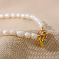 VAIGE Elegant Turquoise Heart Pendant Necklace with Freshwater Pearls and Gold Toggle Clasp