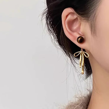 VAIGE Elegant Gold Bowknot Tiger's Eye Drop Earrings