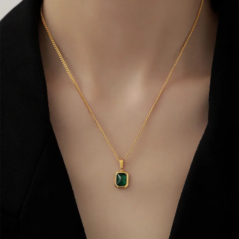 VAIGE Elegant Green Zircon Square Necklace in Gold Stainless Steel