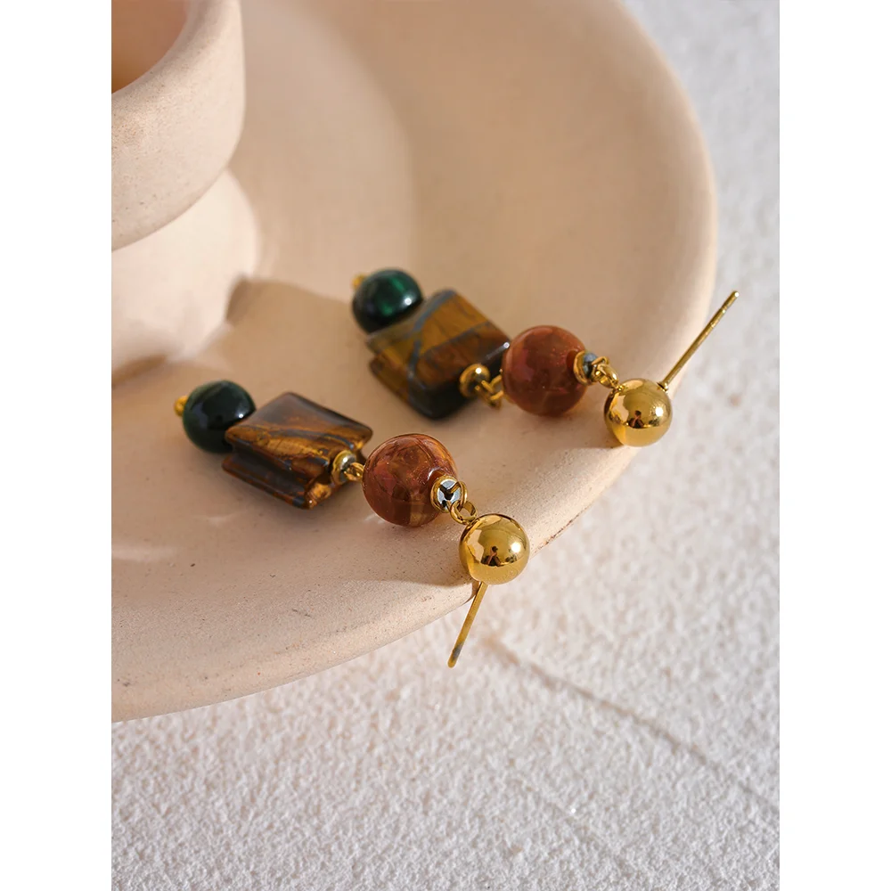 Gold Natural Stone Tiger Beads Dangle Stainless Steel Earrings