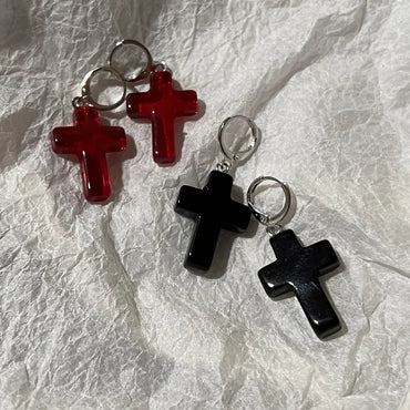 black Red Cross Glass Pendant Earrings