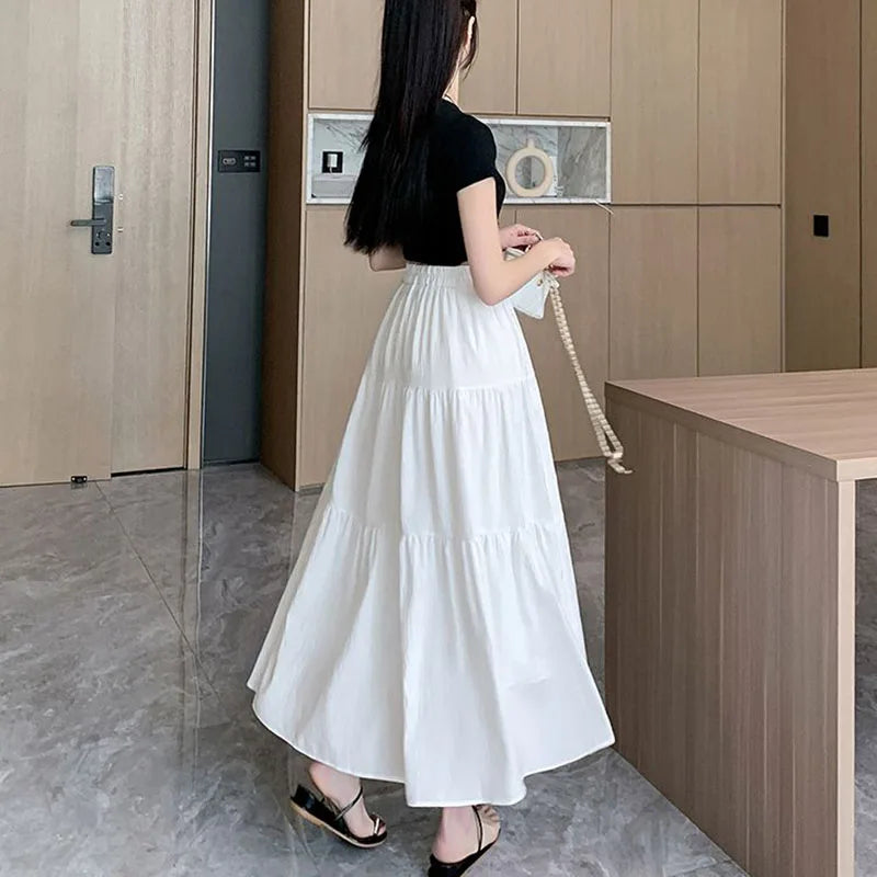 VAIGE A-Line Long Skirt in Pink - High Waist Midi Skirt with Solid Color Patchwork, Made from Cotton and Polyester, Available in S/M/L/XL Sizes