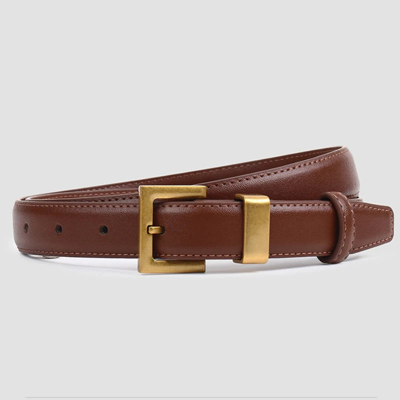 VAIGE Elegant Black Leather Square Gold Buckle Belt