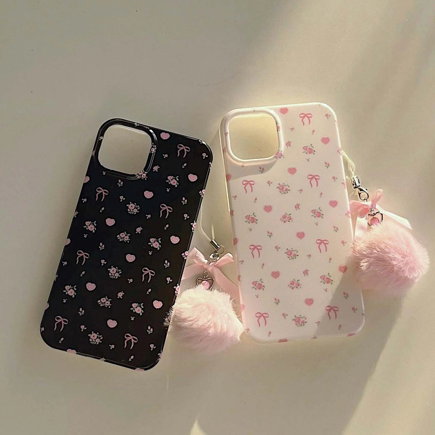 VAIGE Cute Pink Flower Plush Bow Shockproof Phone Case for iPhone 14 Pro Max, 11, 12, 13, 15 Pro Max - Cartoon Back Cover with Stand Holder