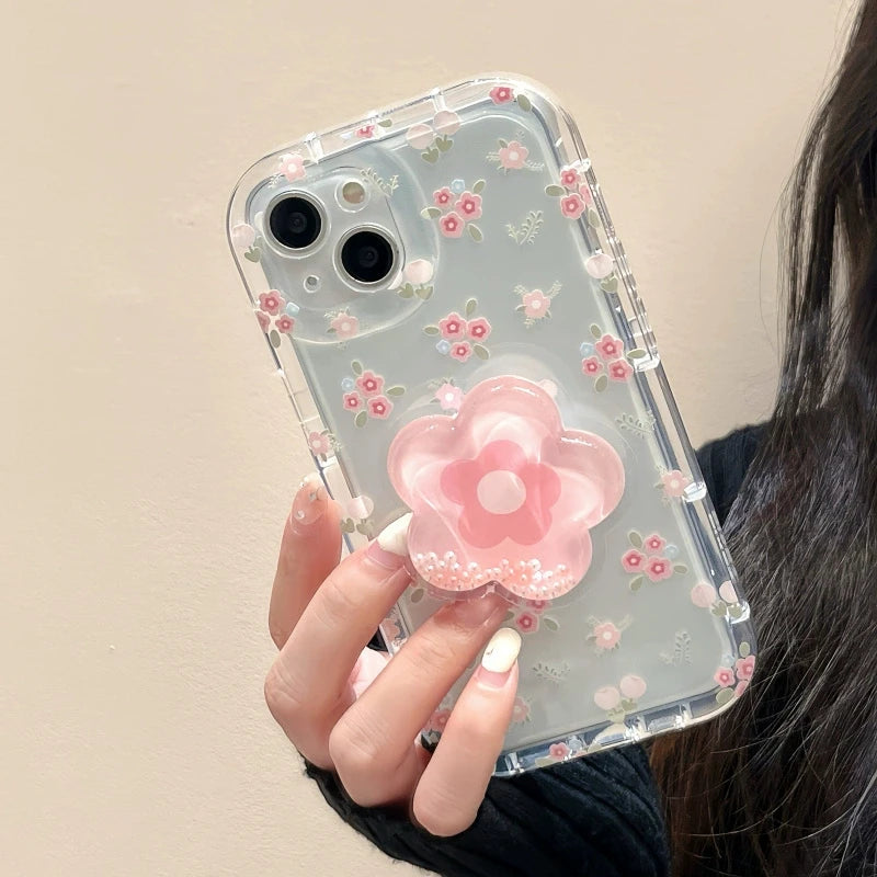 VAIGE Quicksand Pink Floral Holder Phone Case for iPhone Series - Clear Soft Silicone, Anti-Scratch, Shockproof Design