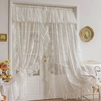 VAIGE Elegant White Embroidered Ruffle Tulle Curtains with Valance for Bedroom and Living Room - Sheer Drapes, Floral Pattern, Translucent Fabric