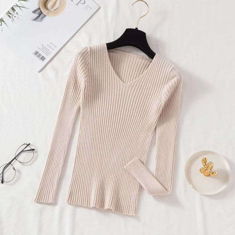 VAIGE Casual Knitted V Neck Pullover Sweater - Long Sleeve, Solid Jersey Top, High Stretch Cotton-Polyester Blend for Autumn/Winter