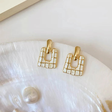 VAIGE Vintage White Enamel Geometric Plaid Drop Earrings