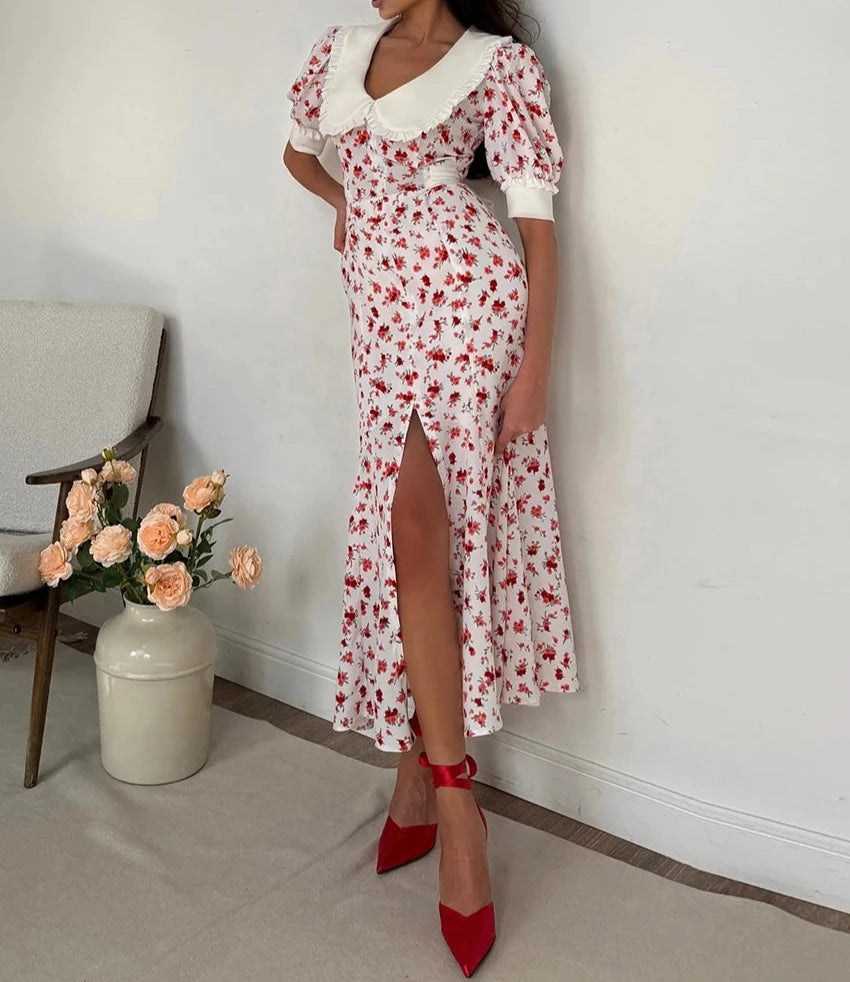 VAIGE Slim Print Ankle-Length Dress with Turn-Down Collar, High Waist Slit, Red, Size S-L, Polyester Material