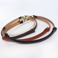 VAIGE Josephine Vintage Brass Vegan Leather Slim Belt in Cognac Brown