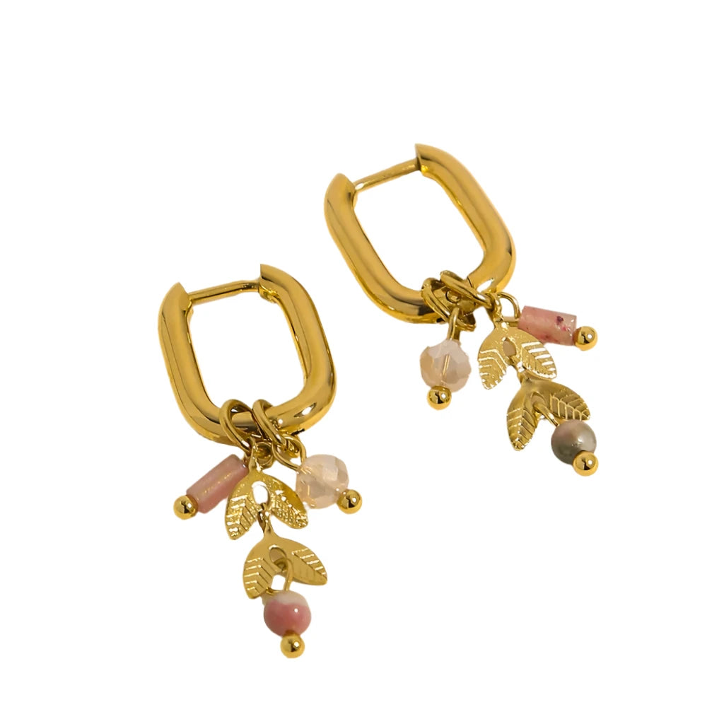 VAIGE Trendy 18K Gold Plated Stainless Steel Hoop Earrings with Cute Pink Crystal Natural Stone Charms - 33mm Length, Perfect for Any Occasion