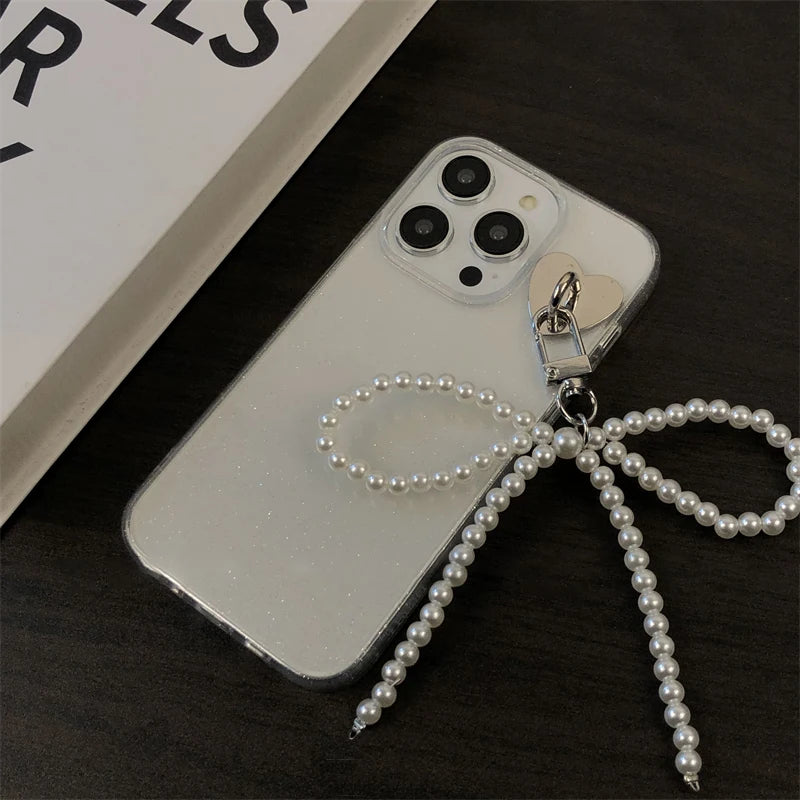 VAIGE Stylish 3D Pearl Bow Pendant Clear Glitter Case for iPhone Pro Max and XR - Shockproof Soft TPU Cover