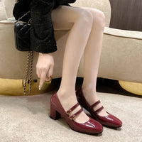 VAIGE Patent Leather Double Buckle Mary Janes with Square Toe and Heel - Solid Color Dress Pumps