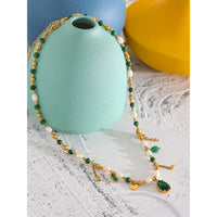 Esmeralda Emerald Green Zirconia Natural Pearl Stainless Steel Delicate Beaded Necklace